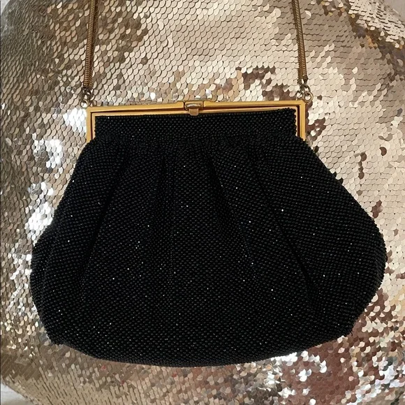 Vtg. Micro Beaded Elegant Black Evening Clutch Purse Mother of Pearl - Picture 2 of 11